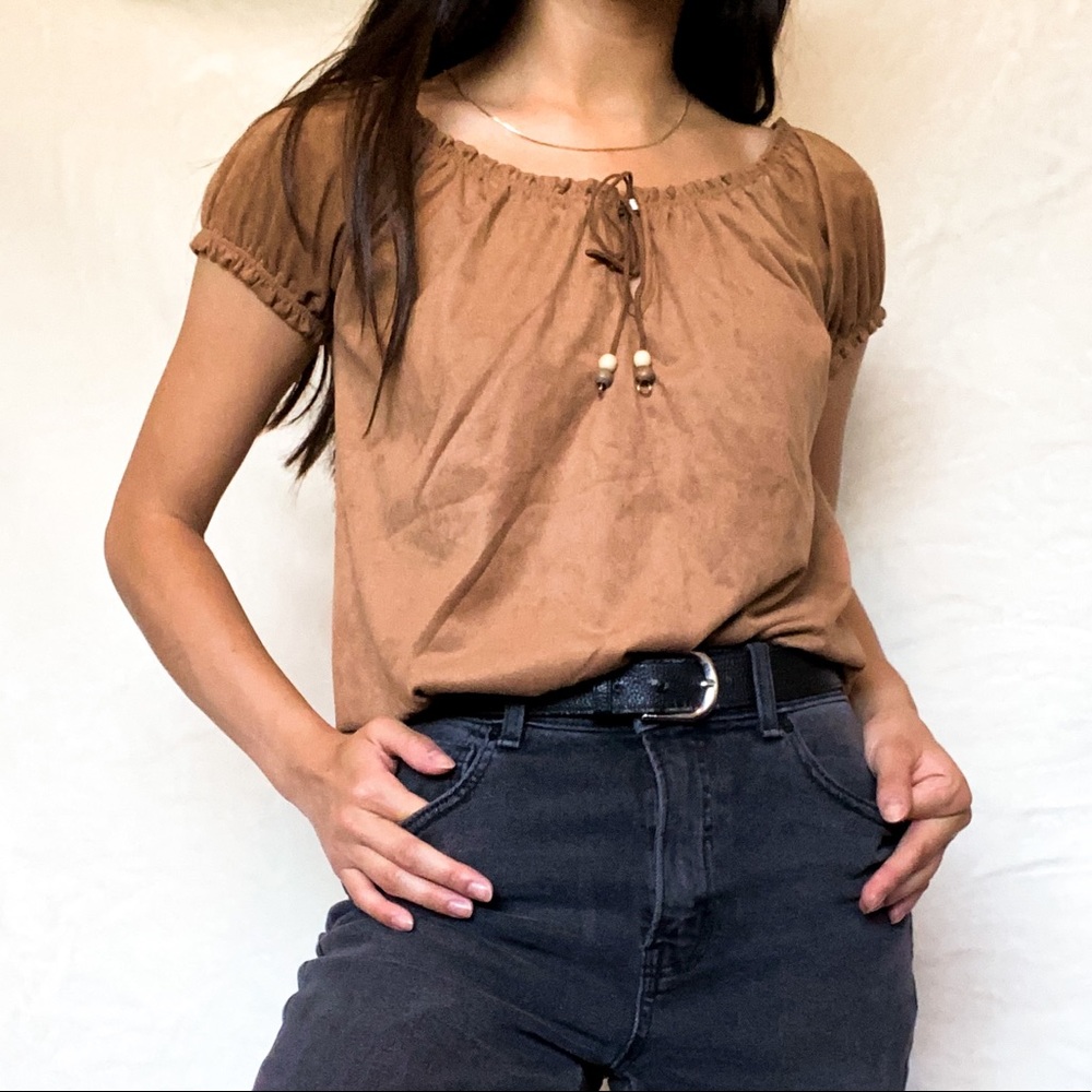 Brown suede top with puff peasant sleeves